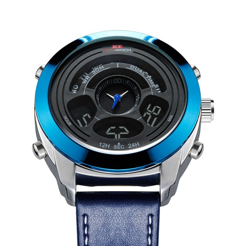 Moda Sport Męskie Cyfrowy Zegarek Data Tydzień Wyświetlacz Miesiąc Chronograf Skórzany Pasek Led Zegarek Z Podwójnym Wyświetlaczem