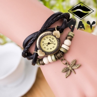 Moda Vintage Wielowarstwowa Ważka Wisiorek Zroszony Bransoletka Zegarek Kwarcowy Zegarek Na Rękę