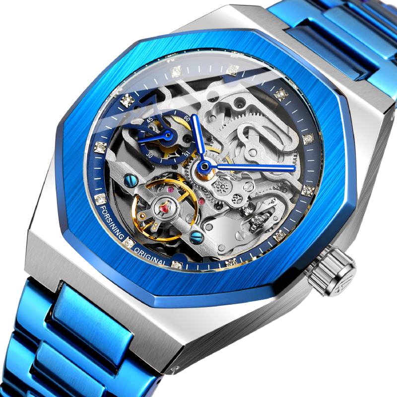 Modny Mężczyzna Automatic Watch Hollow Dial Luminous Display Zegarek Mechaniczny Ze Stali Nierdzewnej