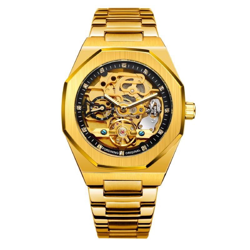 Modny Mężczyzna Automatic Watch Hollow Dial Luminous Display Zegarek Mechaniczny Ze Stali Nierdzewnej