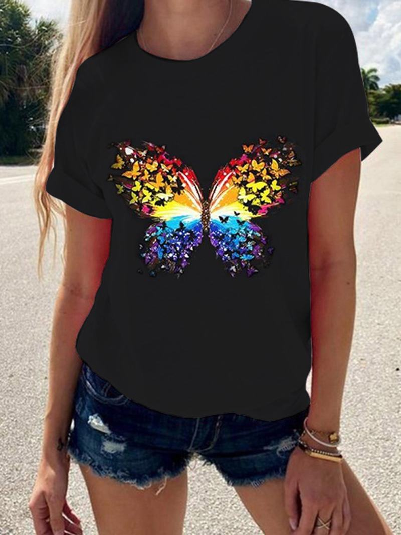 Motyl Okrągły Dekolt Krótki Rękaw Letnie Dzikie Casual T-shirty