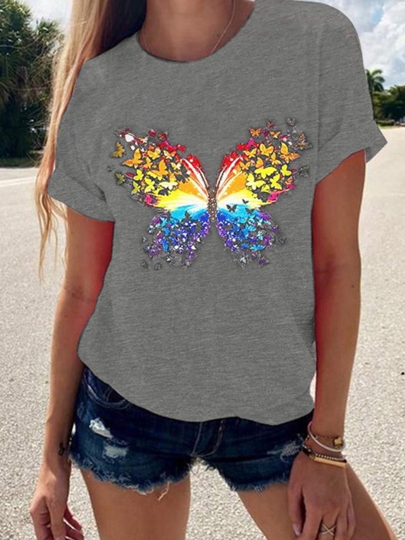 Motyl Okrągły Dekolt Krótki Rękaw Letnie Dzikie Casual T-shirty