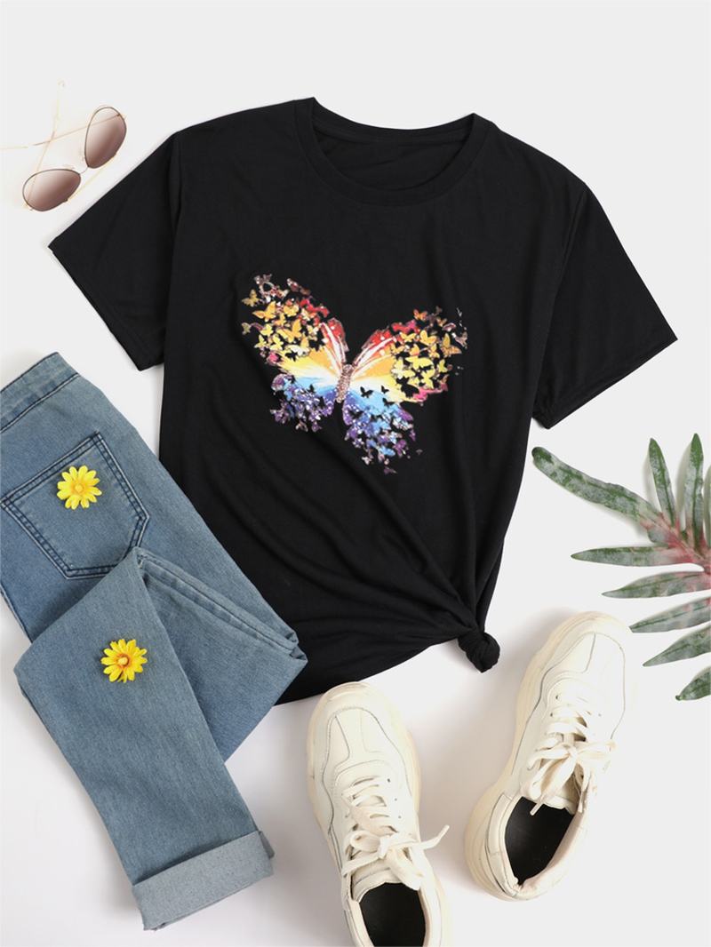 Motyl Okrągły Dekolt Krótki Rękaw Letnie Dzikie Casual T-shirty