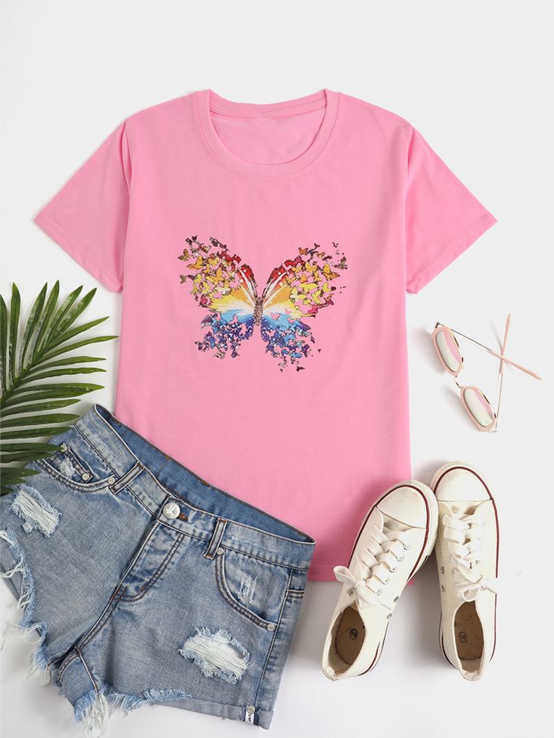 Motyl Okrągły Dekolt Krótki Rękaw Letnie Dzikie Casual T-shirty