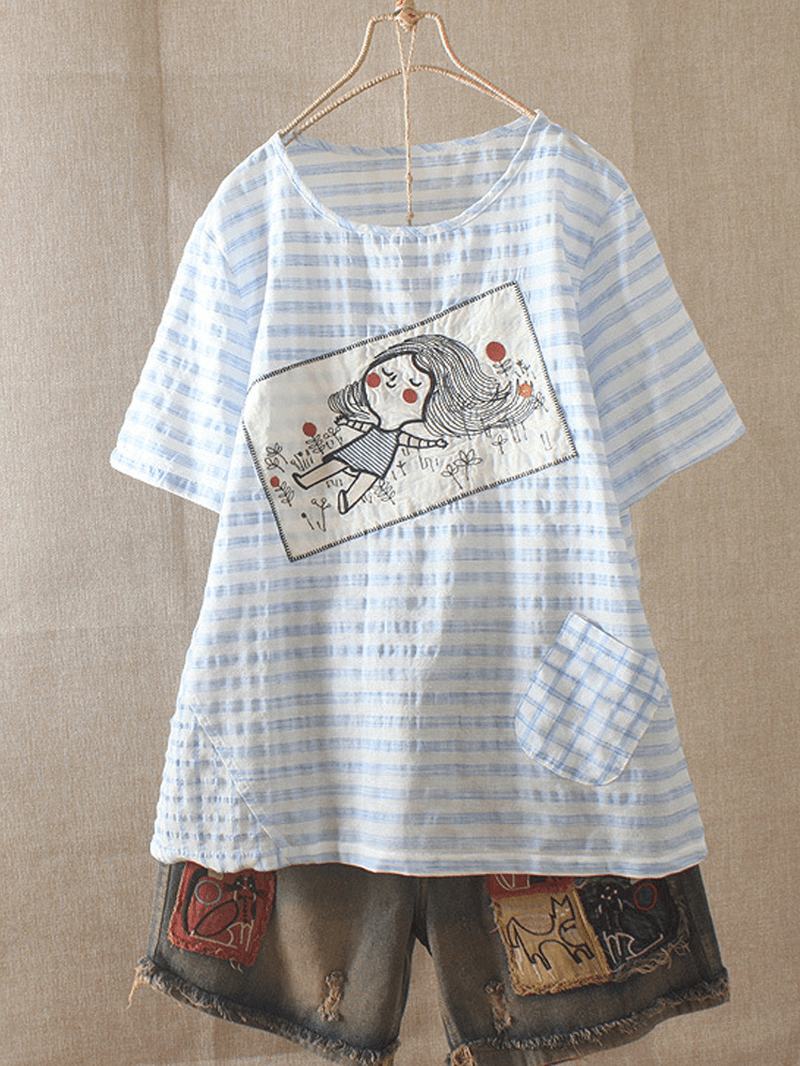 Nadruk W Paski Haftowane Kreskówki Casual T-shirty