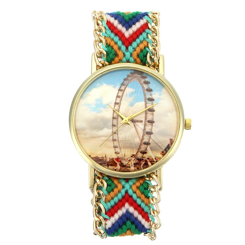 Niestandardowy Zegarek Damski W Stylu Ludowym Ferris Wheel Case Dzianinowy Pasek Z Tkaniny Casual Retro Kwarcowy Zegarek Na Rękę