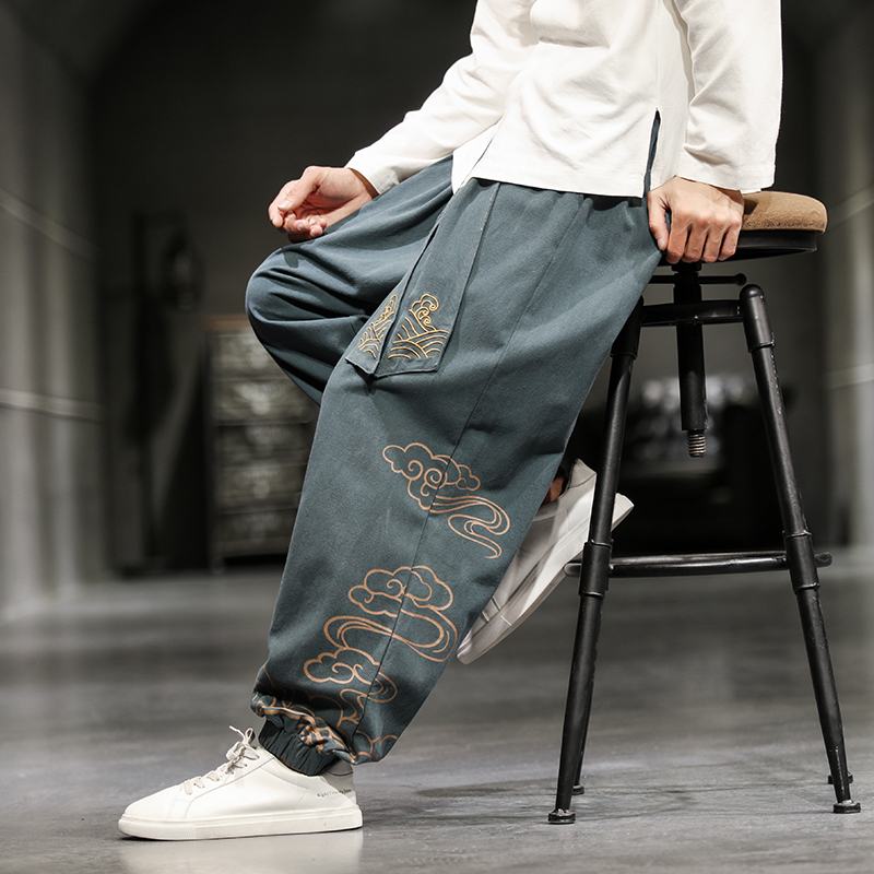 Nowe Męskie Spodnie W Stylu Chińskim Z Nadrukiem Luźne Spodnie Z Szerokimi Nogawkami Plus Rozmiar