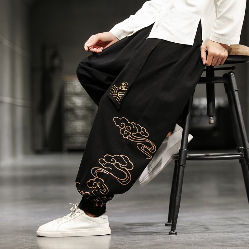 Nowe Męskie Spodnie W Stylu Chińskim Z Nadrukiem Luźne Spodnie Z Szerokimi Nogawkami Plus Rozmiar