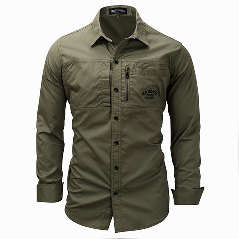 Outdoor Military Style Chest Zipper Pocket Long Sleeve Lapel Bawełniana Koszula Robocza Dla Mężczyzn