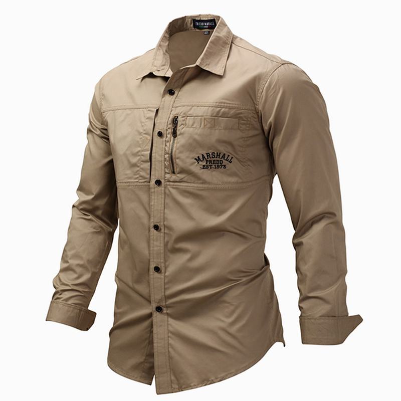 Outdoor Military Style Chest Zipper Pocket Long Sleeve Lapel Bawełniana Koszula Robocza Dla Mężczyzn