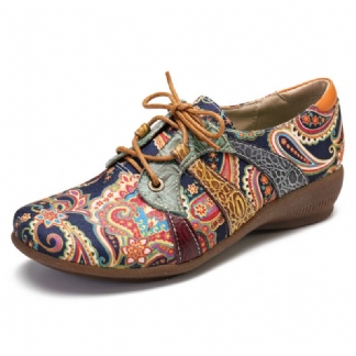 Paisley Retor Floral Splicing Styl Folkways Okrągły Toe Sznurowane Płaskie Buty