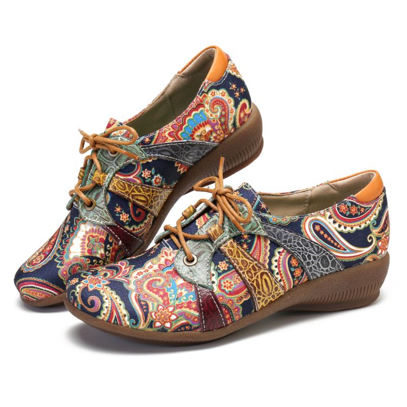 Paisley Retor Floral Splicing Styl Folkways Okrągły Toe Sznurowane Płaskie Buty