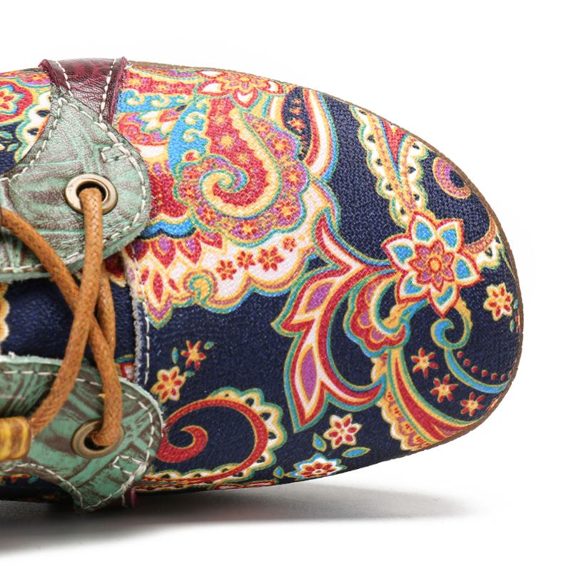 Paisley Retor Floral Splicing Styl Folkways Okrągły Toe Sznurowane Płaskie Buty