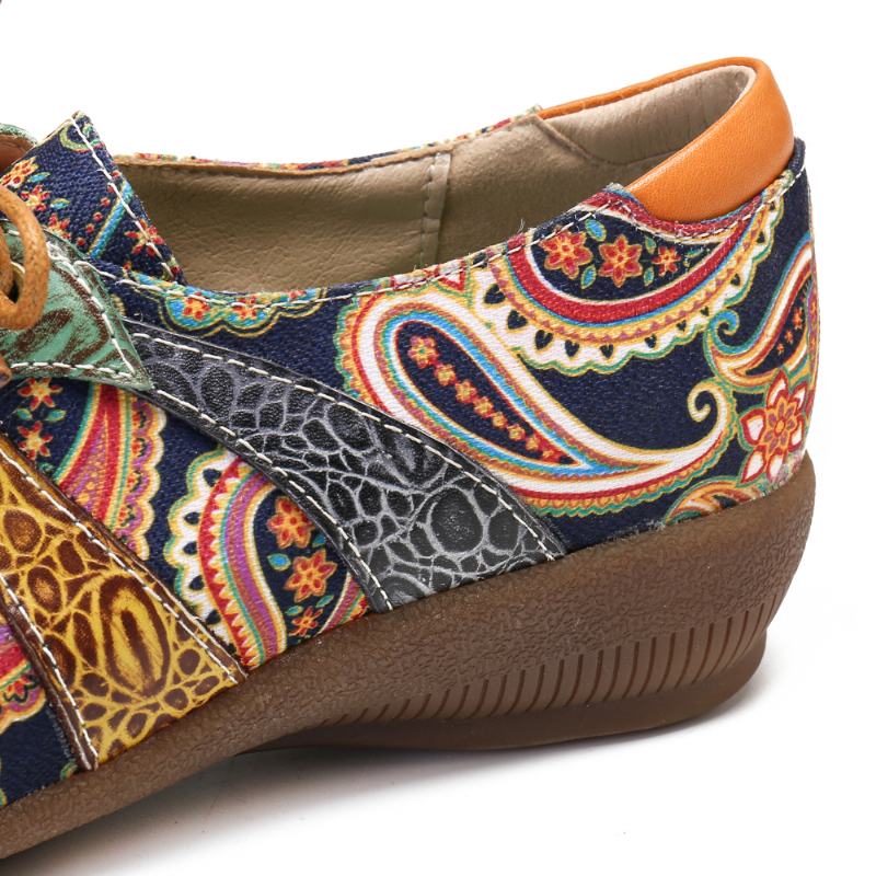 Paisley Retor Floral Splicing Styl Folkways Okrągły Toe Sznurowane Płaskie Buty