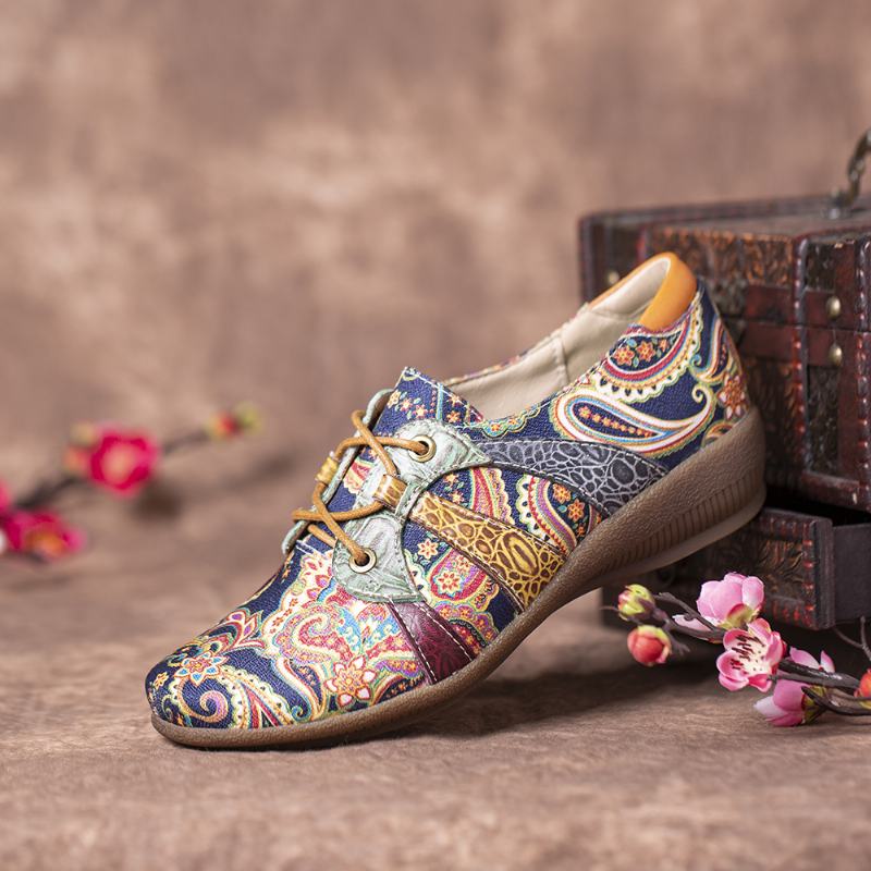 Paisley Retor Floral Splicing Styl Folkways Okrągły Toe Sznurowane Płaskie Buty