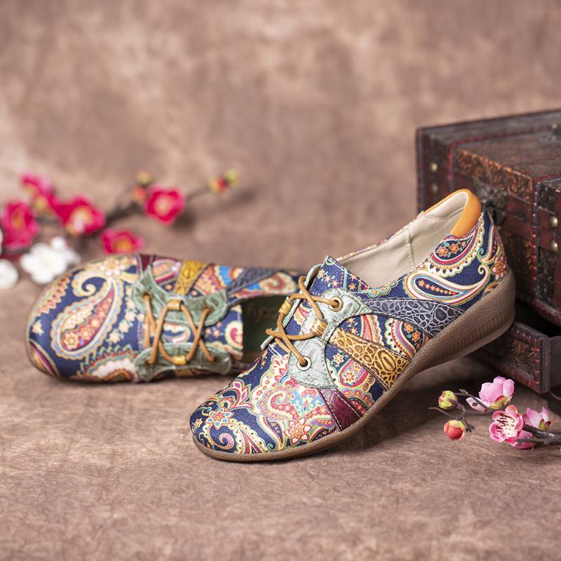 Paisley Retor Floral Splicing Styl Folkways Okrągły Toe Sznurowane Płaskie Buty