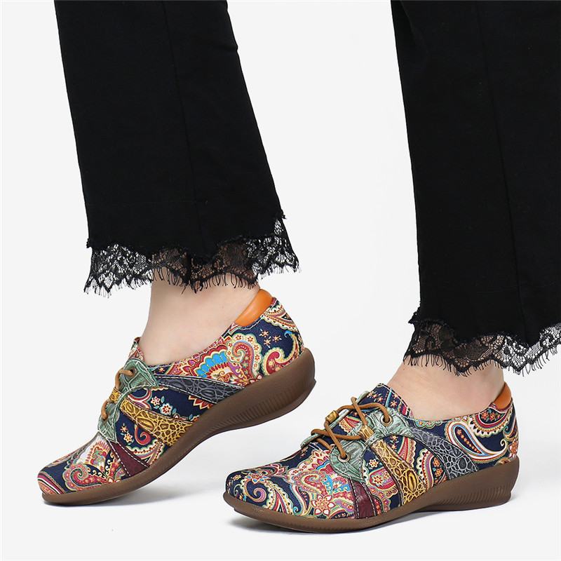 Paisley Retor Floral Splicing Styl Folkways Okrągły Toe Sznurowane Płaskie Buty