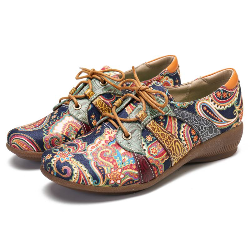 Paisley Retor Floral Splicing Styl Folkways Okrągły Toe Sznurowane Płaskie Buty