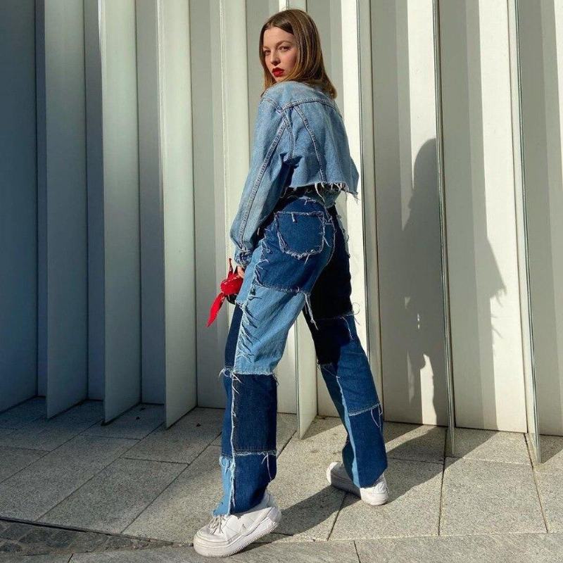 Patchwork Kontrastowy Kolor Spodnie Hip-hopowe Damskie Spodnie Z Wysokim Stanem Street Wear Dżinsy Z Frędzlami Casual Denim Pants