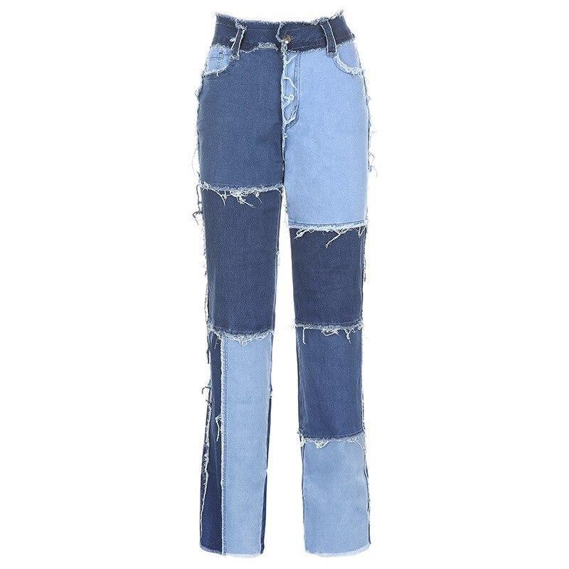 Patchwork Kontrastowy Kolor Spodnie Hip-hopowe Damskie Spodnie Z Wysokim Stanem Street Wear Dżinsy Z Frędzlami Casual Denim Pants