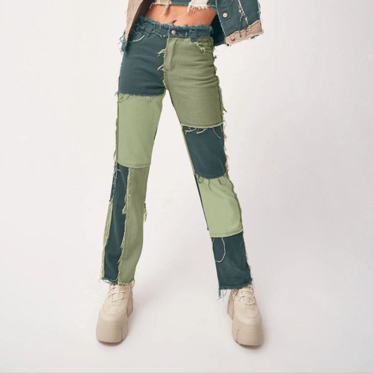 Patchwork Kontrastowy Kolor Spodnie Hip-hopowe Damskie Spodnie Z Wysokim Stanem Street Wear Dżinsy Z Frędzlami Casual Denim Pants