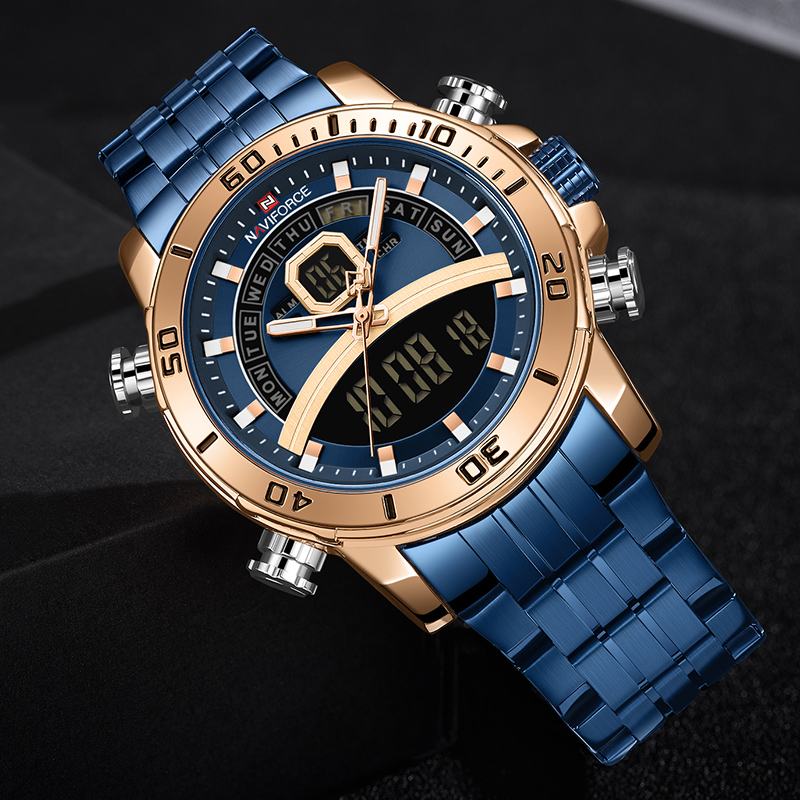 Pełny Stalowy Podwójny Wyświetlacz Chronograf Męski Zegarek Na Rękę Luminous Hand Quartz Watch