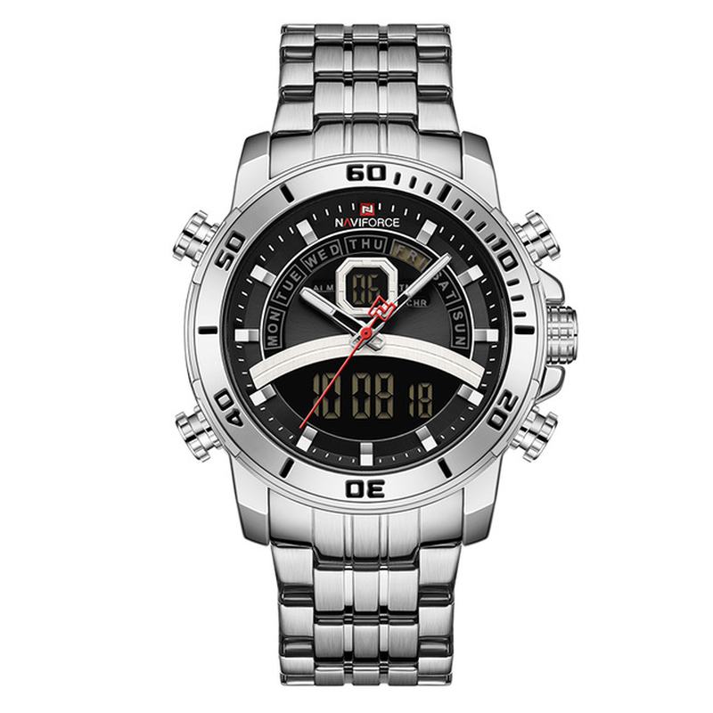 Pełny Stalowy Podwójny Wyświetlacz Chronograf Męski Zegarek Na Rękę Luminous Hand Quartz Watch