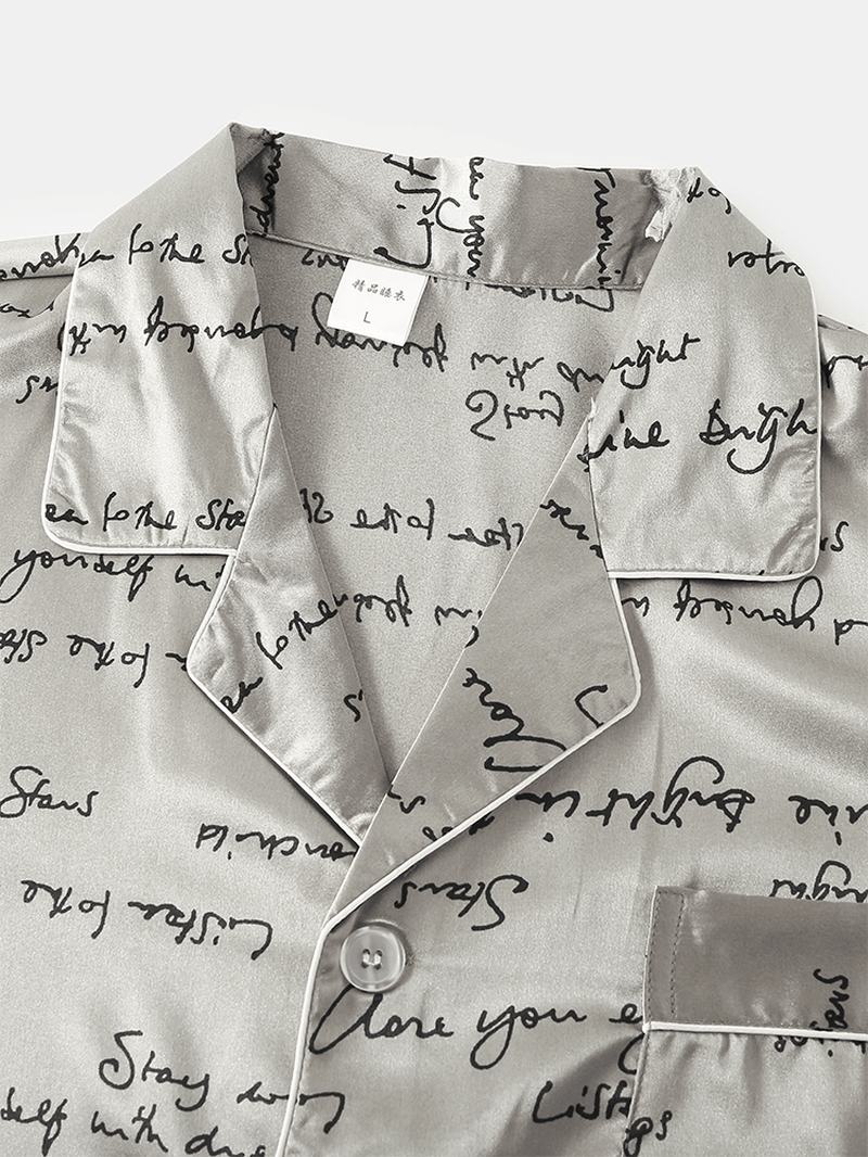 Piżama Męska Allover Slogan Drukowanie Flap Pocket Faux Silk Home Z Długim Rękawem