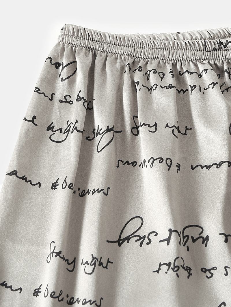 Piżama Męska Allover Slogan Drukowanie Flap Pocket Faux Silk Home Z Długim Rękawem