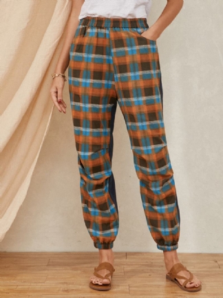 Plaid Drukowanie Elastyczny Pas Kolorowy Blok Patchwork Pocket Harem Pants Dla Kobiet