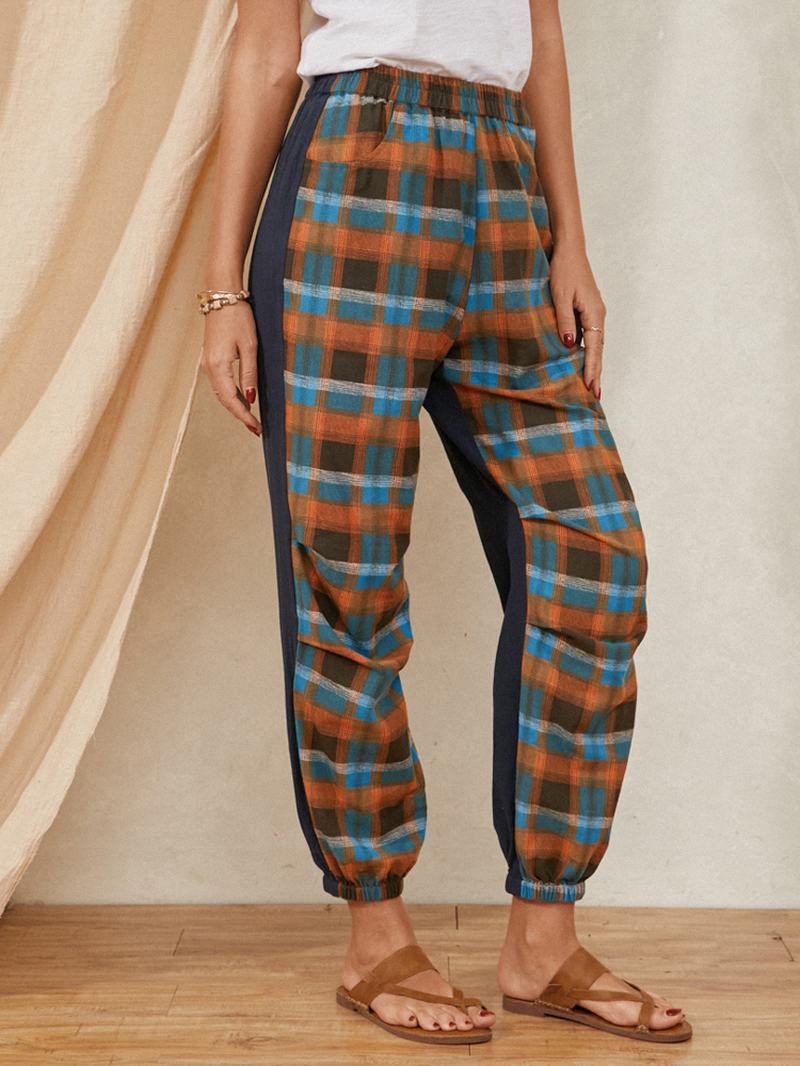 Plaid Drukowanie Elastyczny Pas Kolorowy Blok Patchwork Pocket Harem Pants Dla Kobiet