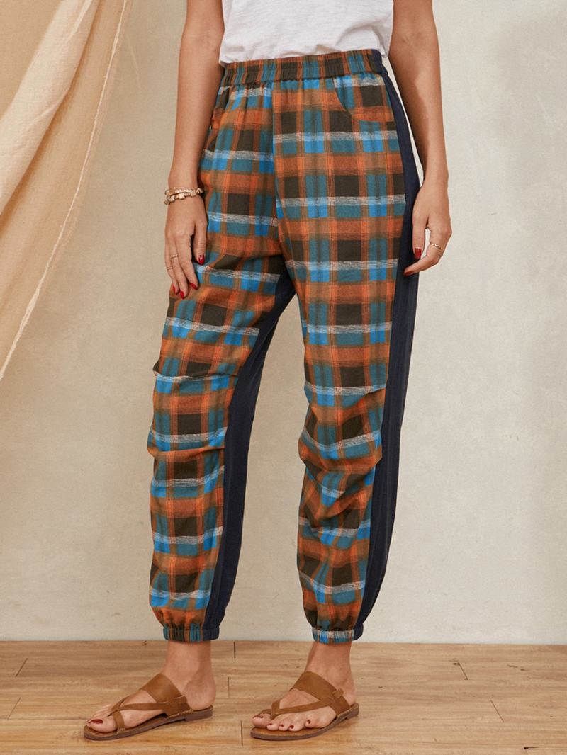 Plaid Drukowanie Elastyczny Pas Kolorowy Blok Patchwork Pocket Harem Pants Dla Kobiet