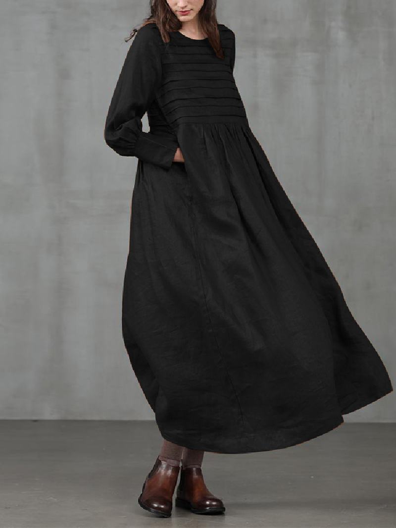 Plisowana Sukienka Maxi W Stylu Vintage Z Dekoltem W Kształcie Litery O W Jednolitym Kolorze Z Boczną Kieszenią