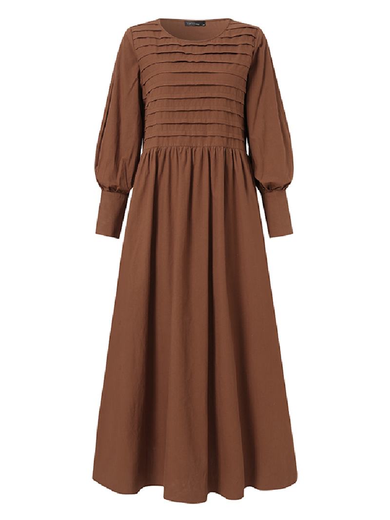 Plisowana Sukienka Maxi W Stylu Vintage Z Dekoltem W Kształcie Litery O W Jednolitym Kolorze Z Boczną Kieszenią