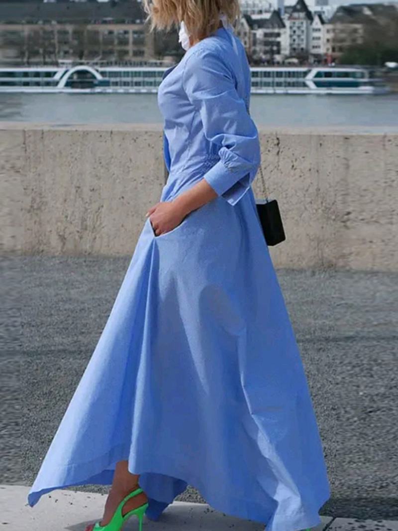 Plisowana Sukienka Maxi Z Długim Rękawem W Jednolitym Kolorze Z Dekoltem W Szpic I Suwakiem