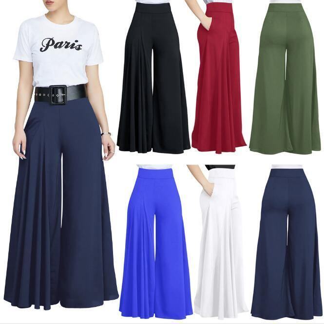 Plus Damskie Office Loose Stretch High Waist Szerokie Nogawki Długie Spodnie Palazzo Trouser