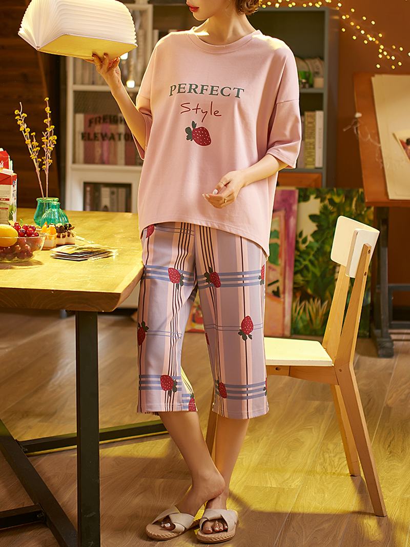 Plus Size Damskie Cute Cartoon Drukowanie Ruffle Trims Zestawy Piżamy Z Krótkim Rękawem