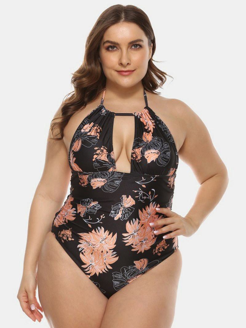 Plus Size Damskie Floral Drukowanie Halter Sznurek Backless One Piece Swimwear