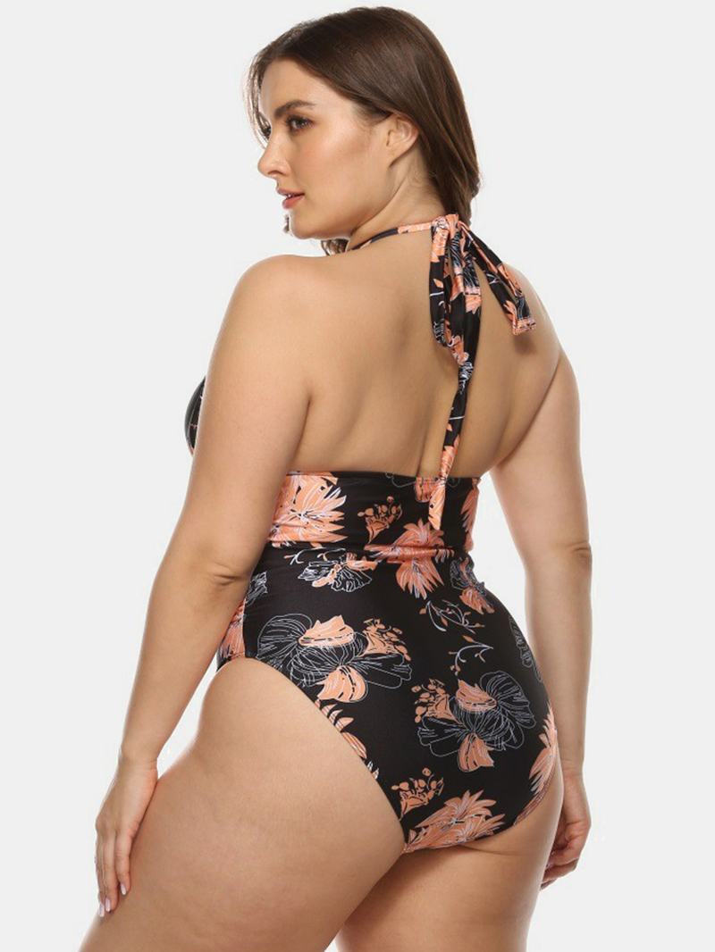 Plus Size Damskie Floral Drukowanie Halter Sznurek Backless One Piece Swimwear