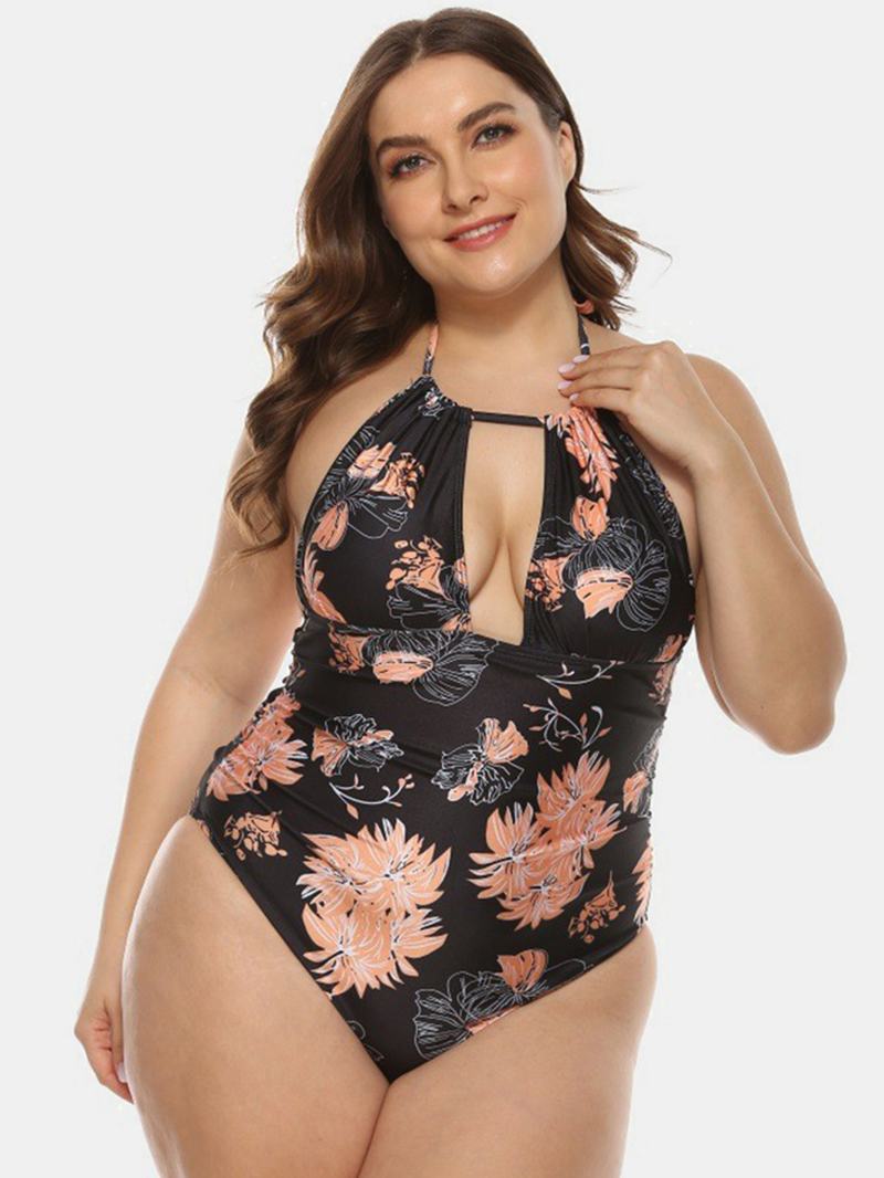 Plus Size Damskie Floral Drukowanie Halter Sznurek Backless One Piece Swimwear