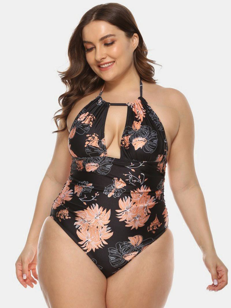 Plus Size Damskie Floral Drukowanie Halter Sznurek Backless One Piece Swimwear