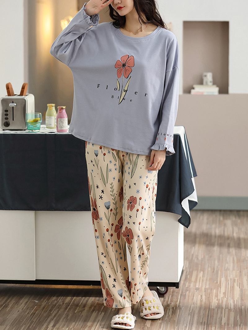 Plus Size Damskie Floral & Letter Drukowanie V-neck Long Sleeve Home Casual Piżama Set