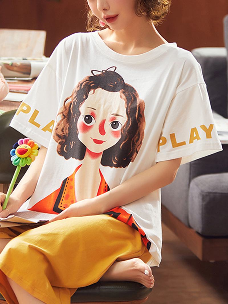 Plus Size Damskie Fruit Cartoon Drukowanie Ruffle Trims Zestawy Piżamy Z Krótkim Rękawem