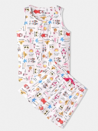 Plus Size Damskie Funny Cartoon Drukowanie Home Bez Rękawów Softies Vest Piżama Set