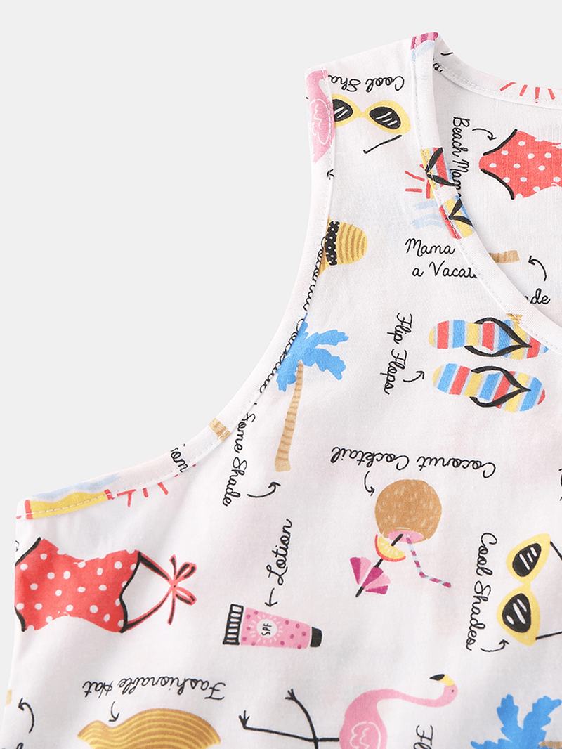 Plus Size Damskie Funny Cartoon Drukowanie Home Bez Rękawów Softies Vest Piżama Set