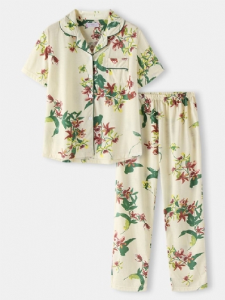 Plus Size Damskie Plant Drukowanie Top Z Krótkim Rękawem Elastyczne Spodnie W Pasie Home Casual Zestaw Piżamy