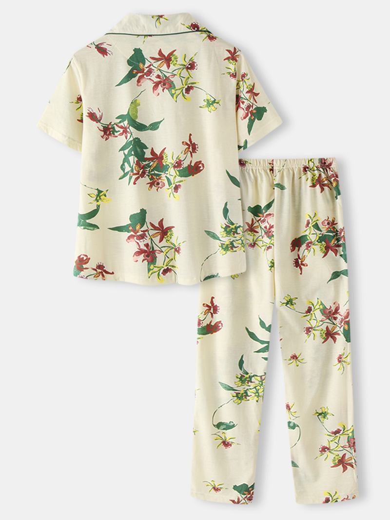 Plus Size Damskie Plant Drukowanie Top Z Krótkim Rękawem Elastyczne Spodnie W Pasie Home Casual Zestaw Piżamy