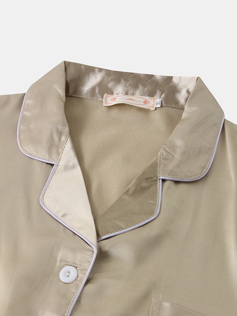 Plus Size Damskie Solid Color Revere Collar Smooth Home Casual Zestaw Piżamy Ze Sztucznego Jedwabiu
