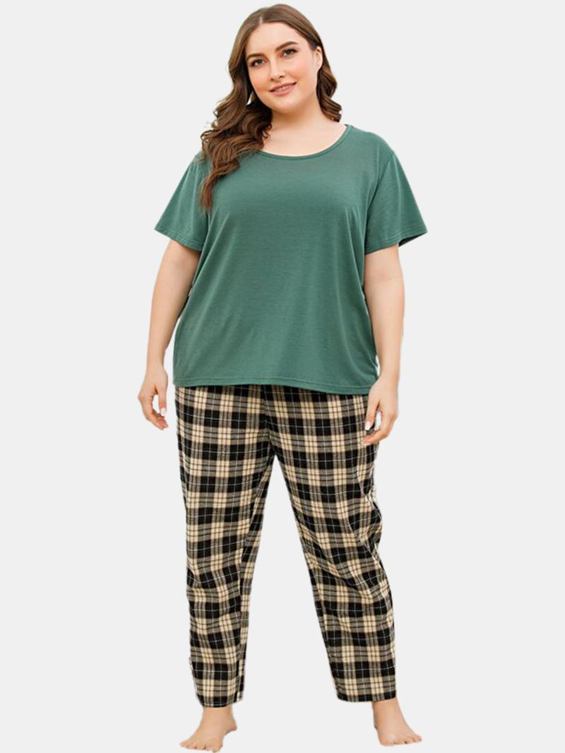 Plus Size Damskie Solid Color Top Z Krótkim Rękawem Plaid Drukowanie Dwuczęściowy Domowy Zestaw Piżamy