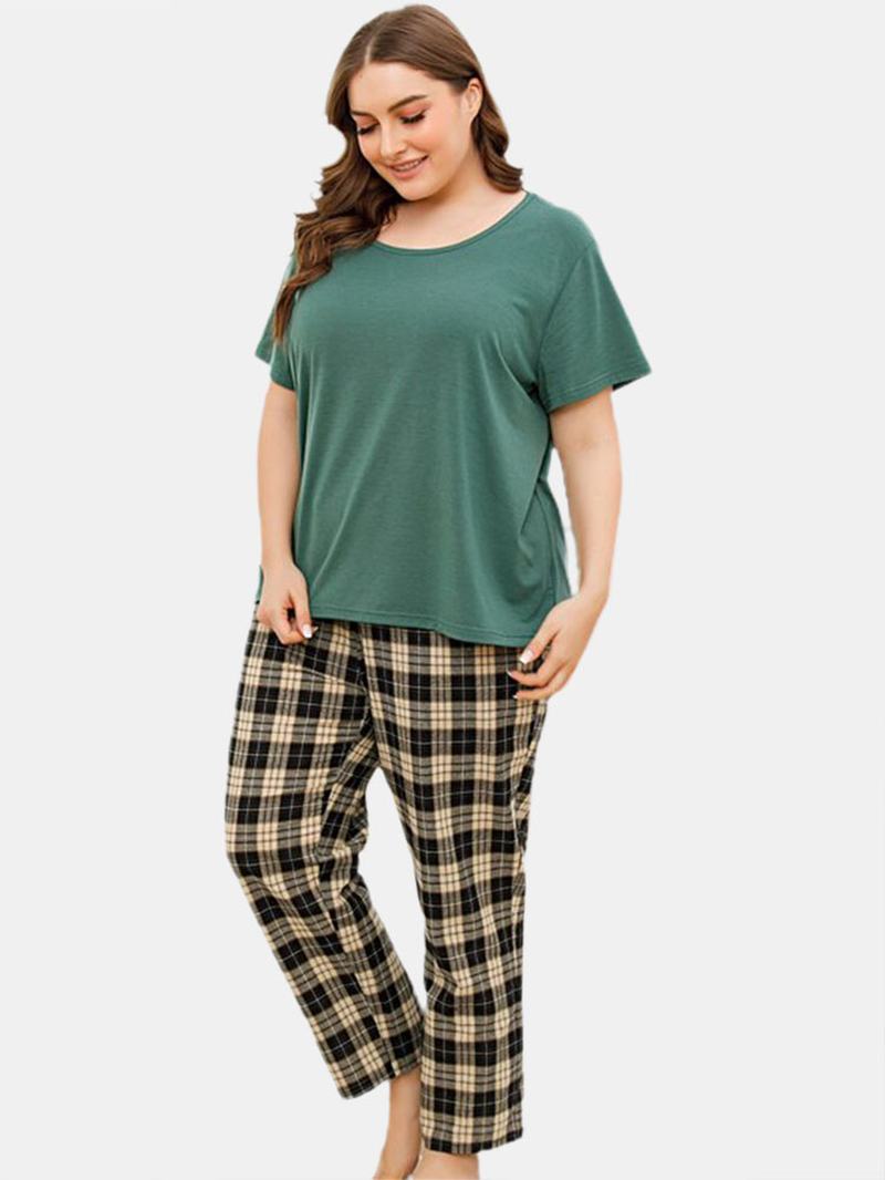 Plus Size Damskie Solid Color Top Z Krótkim Rękawem Plaid Drukowanie Dwuczęściowy Domowy Zestaw Piżamy